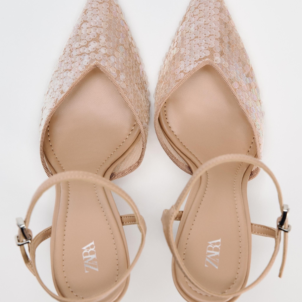 Zara Women's Sequin Pointed-Toe Heels - Beige